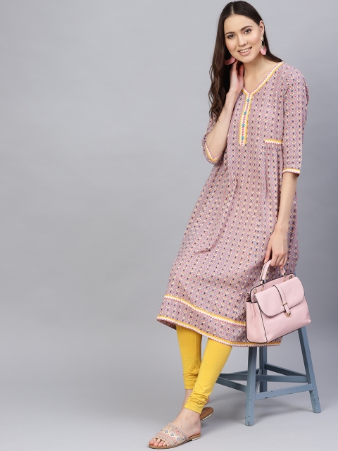 

Varanga Women Pink & Blue Screen Print A-Line Kurta