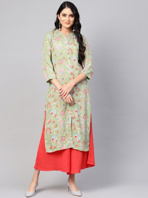 

Varanga Women Green & Pink Printed Straight Kurta