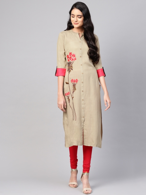 

Varanga Women Beige Solid Straight Kurta With Floral Embroidered Detail