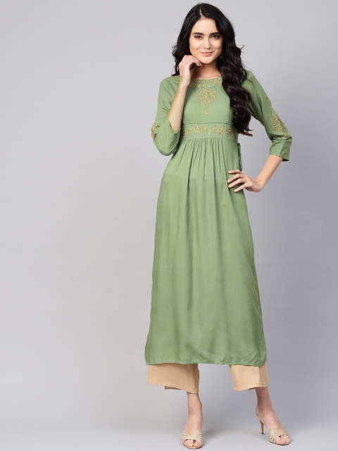 

Varanga Women Green & Golden Yoke Design Straight Kurta