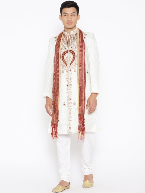 Men Off-White & Maroon Embellished Raw Silk Sherwani