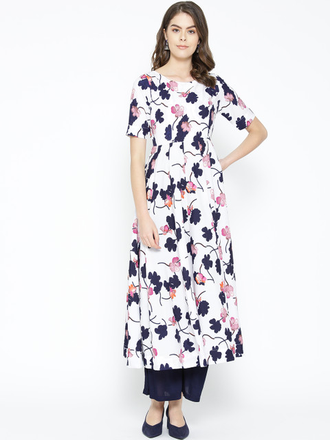 

Poshak Hub Women White & Navy Blue Printed Anarkali Kurta