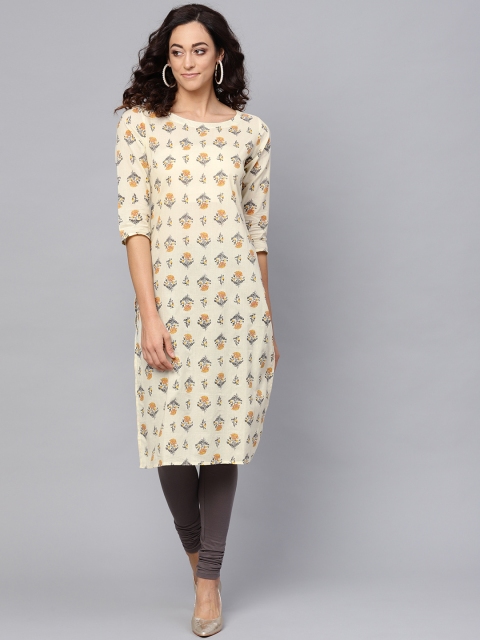 

anayna Women Cream-Coloured & Orange Floral Print Straight Kurta