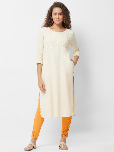 

Naari Women Cream-Coloured Embroidered Straight Kurta