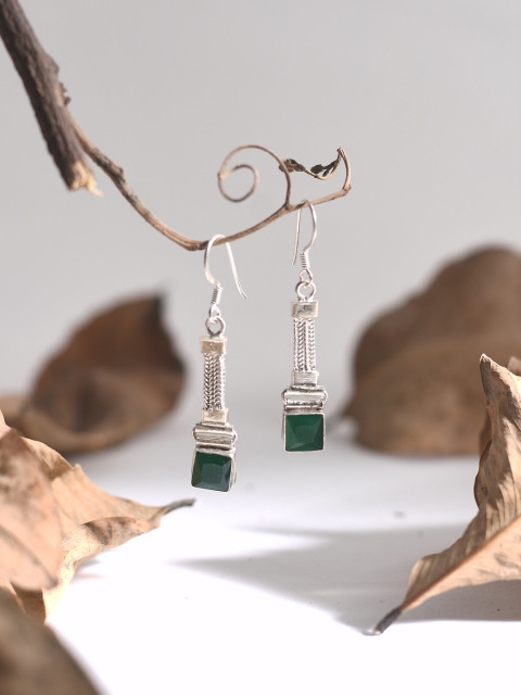 

Silverholic Silver-Toned & Green Handcarfted Square Drop Earrings