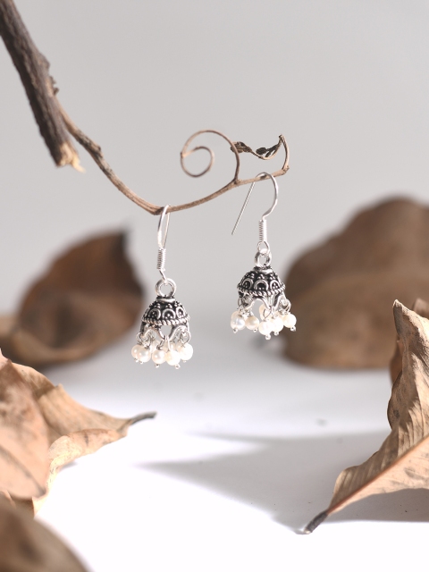 

Silverholic Silver-Toned & White Handcrafted Sterling Silver Dome Shaped Jhumkas