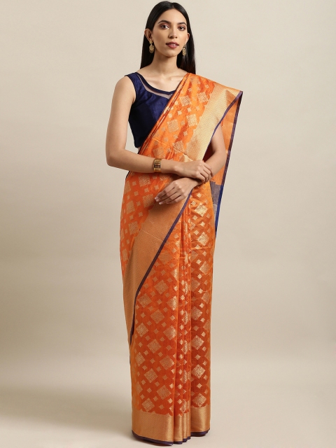 Saree Swarg Orange Silk Blend Woven Design Banarasi Saree