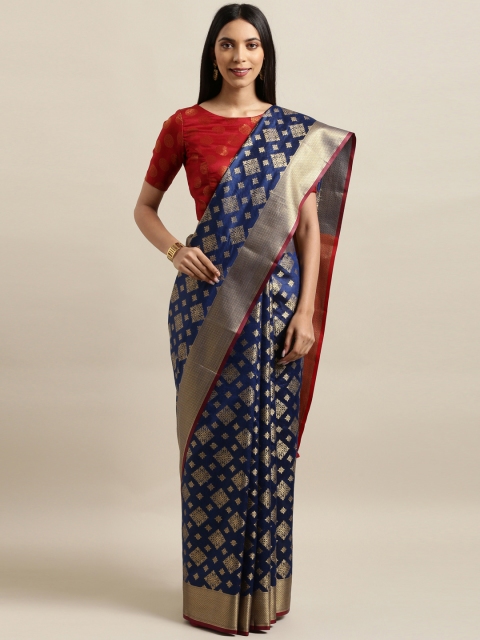 

Saree Swarg Navy Blue Silk Blend Woven Design Banarasi Saree