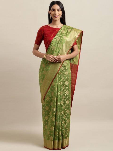 

Saree Swarg Green & Gold-Toned Silk Blend Woven Design Banarasi Saree