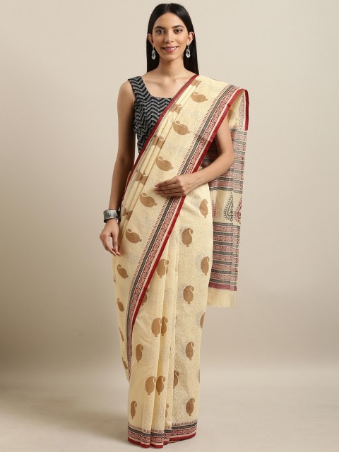 

Saree Swarg Cream-Coloured Printed Cotton Blend Saree