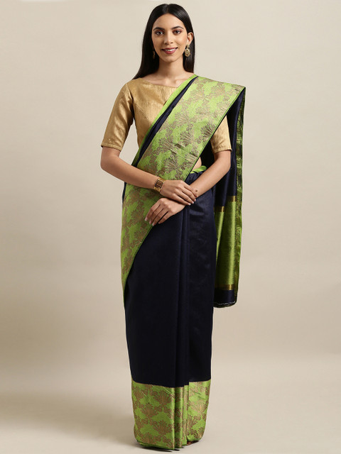 

Saree Swarg Navy Blue & Green Silk Blend Solid Banarasi Saree