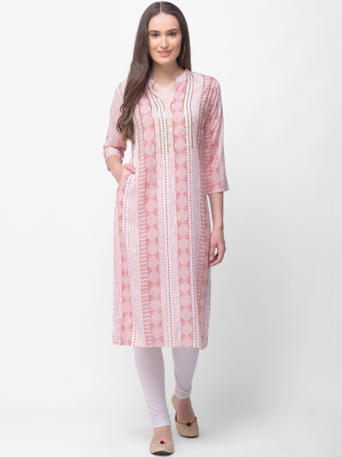 

aayusika Women Red & White Embellished A-Line Kurta