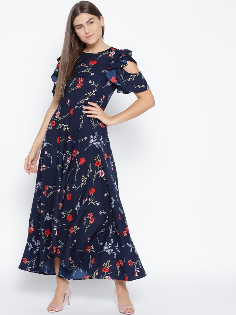 

Karmic Vision Women Navy Blue & Red Floral Print Maxi Dress