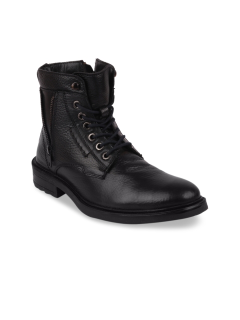 

FAUSTO Men Black Solid Leather Mid-Top Flat Boots