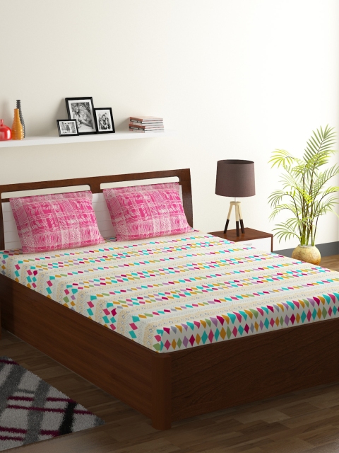 

BOMBAY DYEING Beige & Pink 104 TC Cotton Doubel King Bedsheet with 2 Pillow Covers