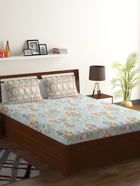 

BOMBAY DYEING Blue & Beige Floral 104 TC Cotton Double King Bedsheet with 2 Pillow Covers