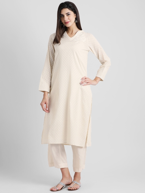 

Aayna Women Off-White Woven Design Straight Kurta