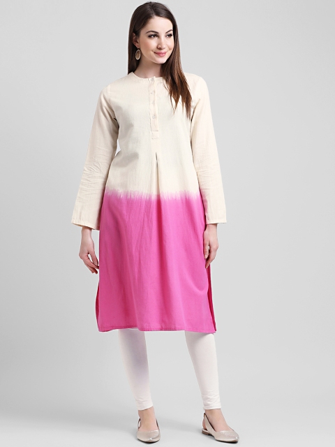 

Aayna Women Off-White & Pink Printed Straight Kurta