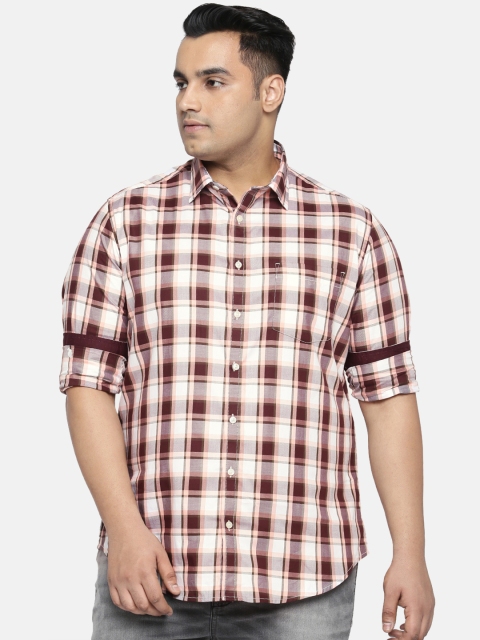 

aLL Plus Size Men Burgundy White Regular Fit Checked Casual Shirt