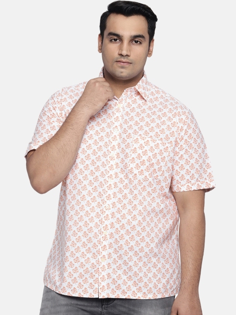 

aLL Plus Size Men White Orange Regular Fit Printed Casual Shirt