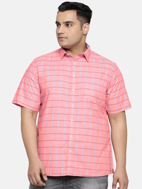 

aLL Plus Size Men Pink Blue Regular Fit Checked Casual Shirt