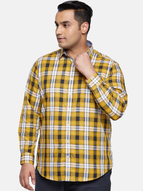 

aLL Plus Size Men Yellow White Regular Fit Checked Casual Shirt
