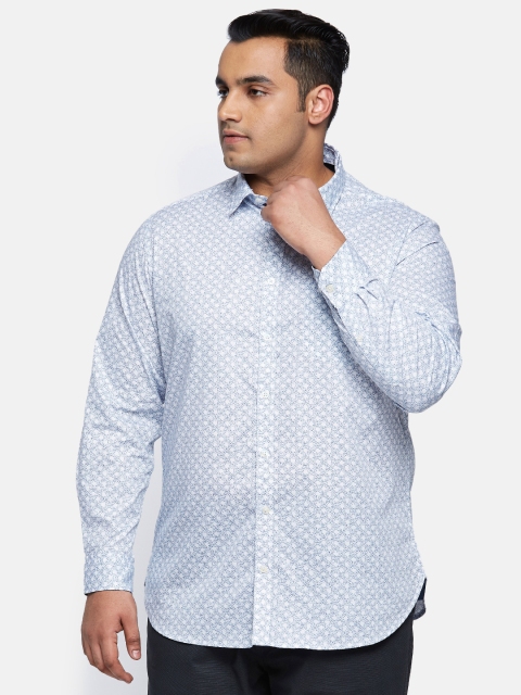

aLL Plus Size Men White Navy Blue Regular Fit Printed Casual Shirt