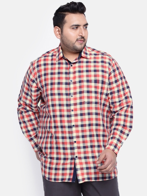 

aLL Plus Size Men Coral Navy Blue Regular Fit Checked Casual Shirt