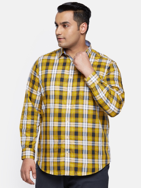 

aLL Plus Size Men Yellow Navy Blue Checked Casual Shirt