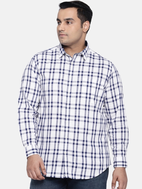 

aLL Plus Size Men White Navy Blue Regular Fit Checked Casual Shirt