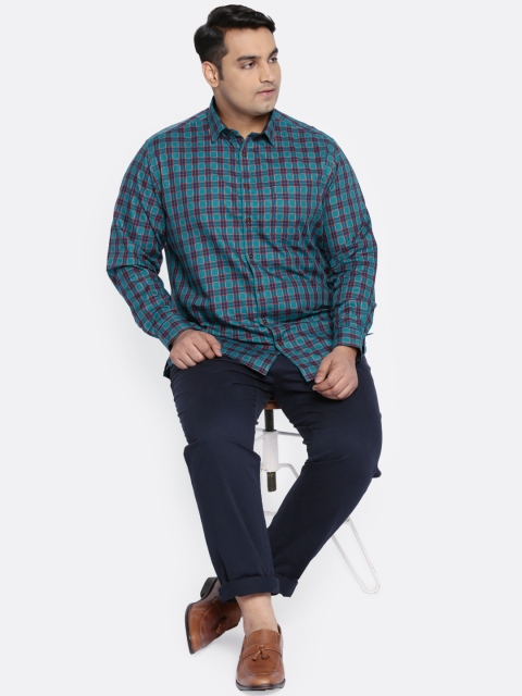

aLL Plus Size Men Teal Blue Navy Blue Regular Fit Checked Casual Shirt