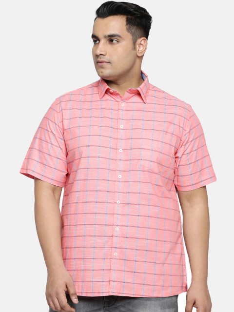 

aLL Plus Size Men Pink Blue Regular Fit Checked Casual Shirt