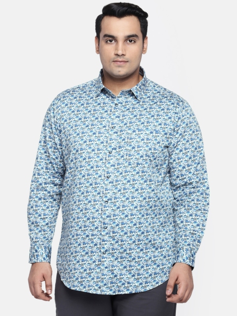 

aLL Plus Size Men Blue White Regular Fit Printed Casual Shirt