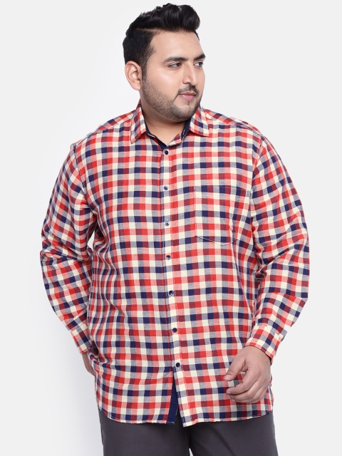 

aLL Plus Size Men Coral Orange Off-White Regular Fit Checked Casual Shirt