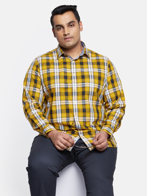 

aLL Plus Size Men Mustard Yellow Navy Blue Regular Fit Checked Casual Shirt