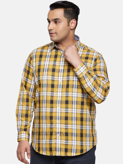 

aLL Plus Size Men Mustard Yellow Black Regular Fit Checked Casual Shirt