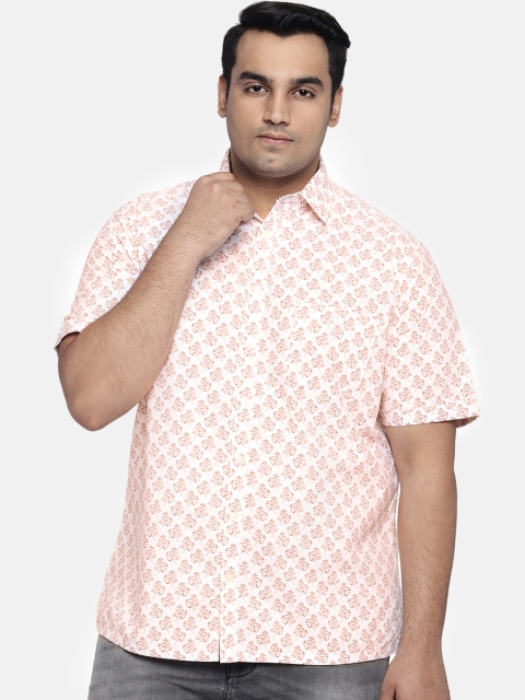 

aLL Plus Size Men White Rust Orange Regular Fit Printed Casual Shirt