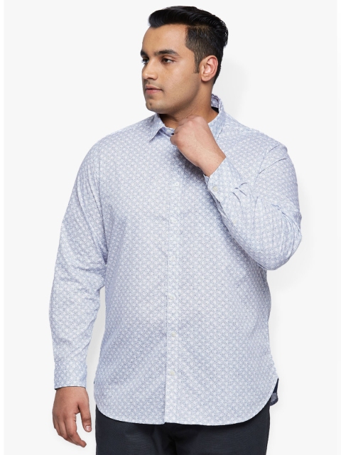 

aLL Plus Size Men White Navy Blue Regular Fit Printed Casual Shirt