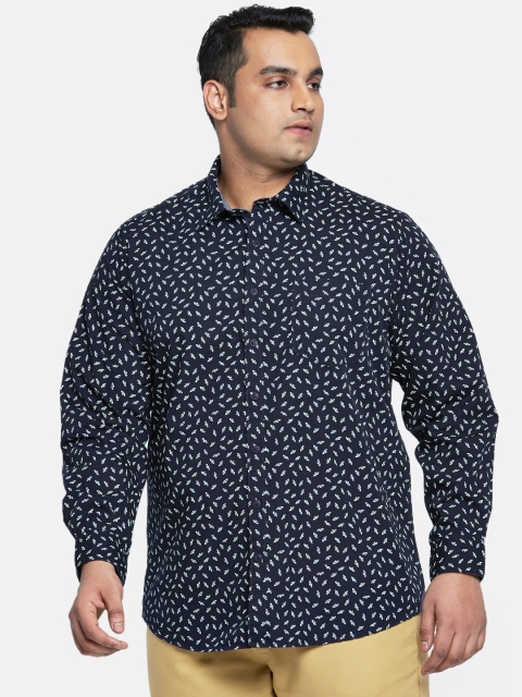 

aLL Plus Size Men Navy Blue Off-White Regular Fit Printed Casual Shirt