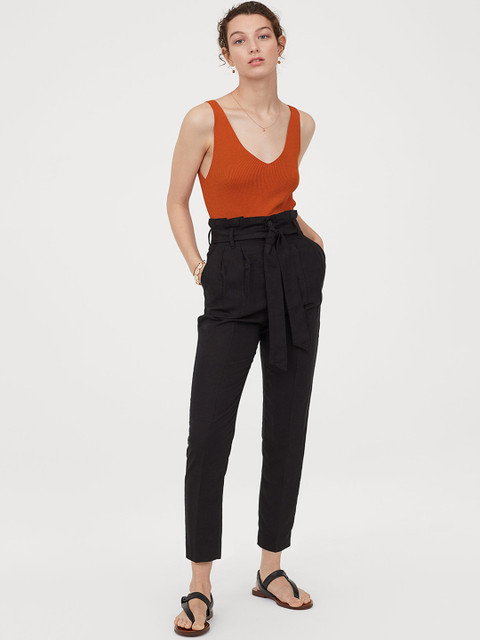 

H&M Women Black Solid Linen Blend Paper Bag Trousers