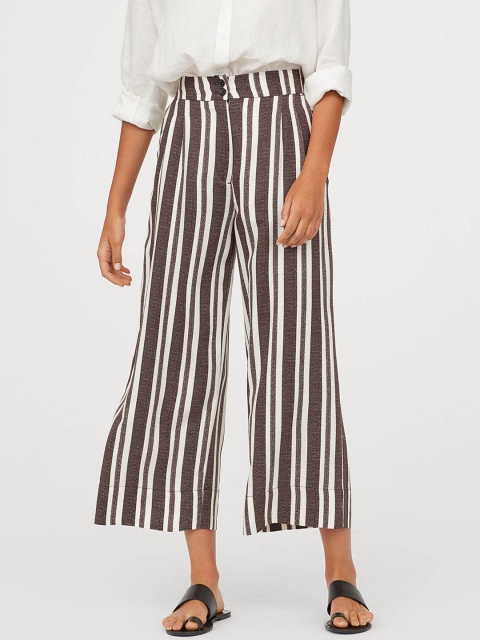 

H&M Women Brown & White Striped Ankle-Length Trousers
