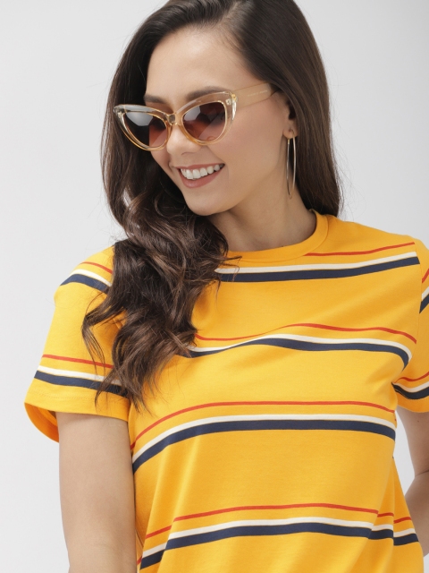 

Mast & Harbour Women Yellow & Navy Blue Printed Knitted Round Neck T-shirt