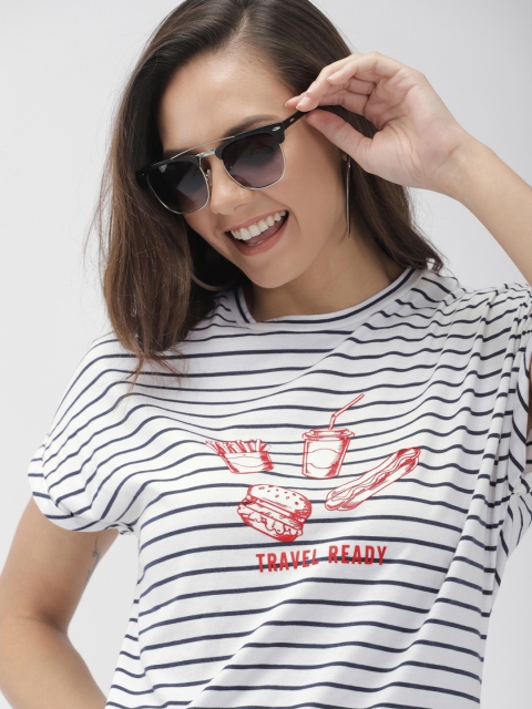 

Mast & Harbour Women White & Navy Blue Striped Round Neck T-shirt