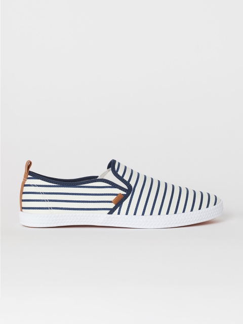 

H&M Men White & Navy Blue Striped Slip-On Trainers