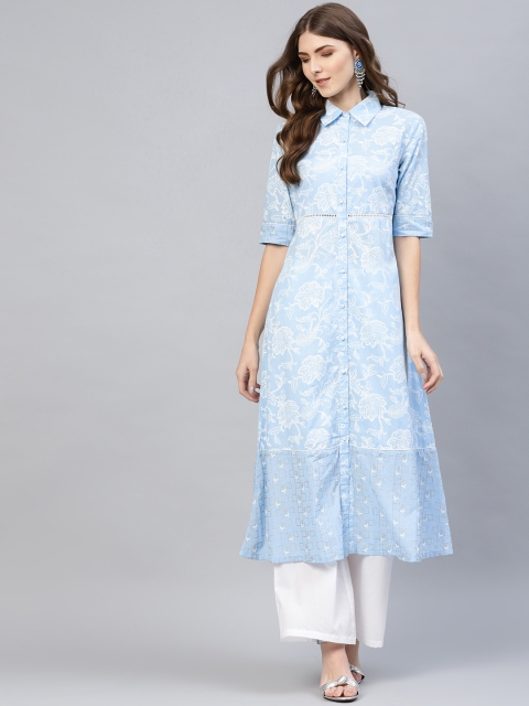 

AKS Women Blue & White Khari Print A-Line Kurta