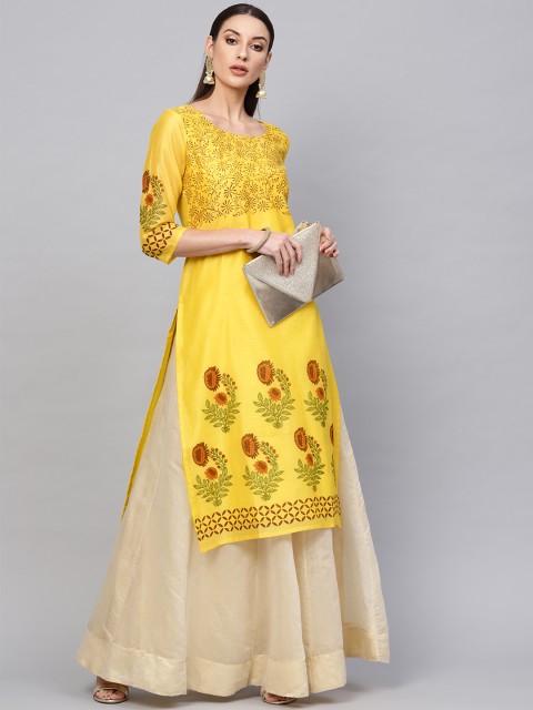 

AKS Women Yellow & Brown Block Print Straight Kurta