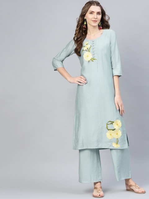 

AKS Women Blue Floral Embroidered Detail Straight Kurta