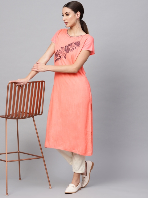 

AKS Women Peach-Coloured Yoke Design Straight Kurta