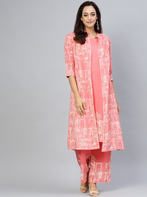 

AKS Women Pink & Off-White Khari Print Layered A-Line Kurta