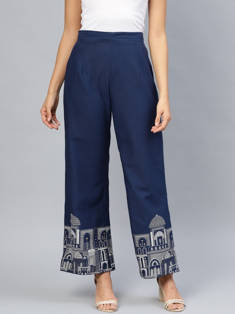 

AKS Women Navy Blue Hem Design Straight Palazzos